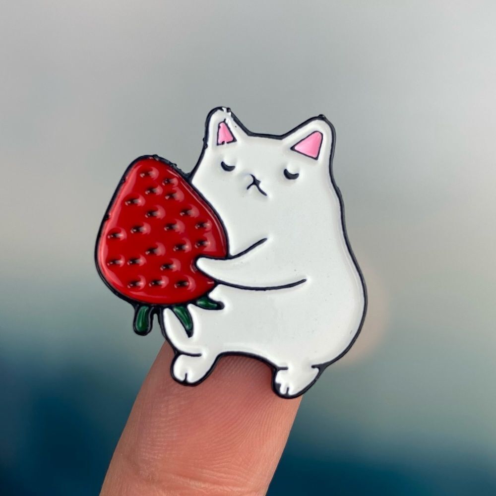 White Kitty Love Strawberry Enamel Pin/ Brooch